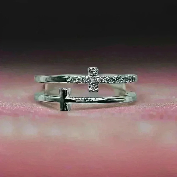 Silver Double Cross Rhinestones Ring Size 7 - Picture 8 of 8